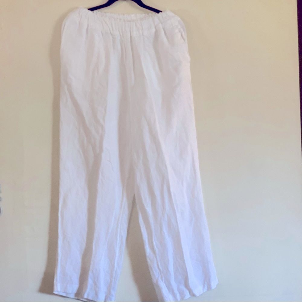 NWOT H&M Wide Leg White Linen Blend Pants Pockets Pull Up Stretch Sz XL